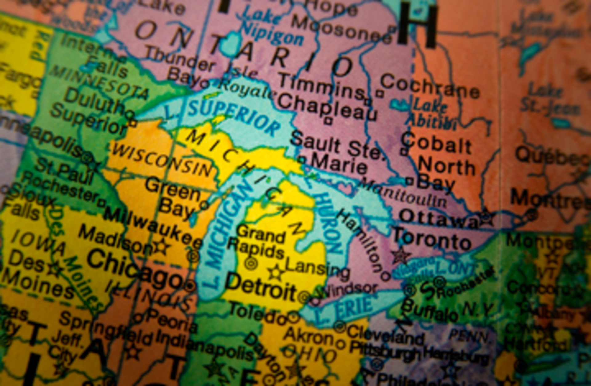 Detail of Great Lakes, on map.