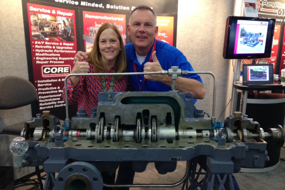 Editor Lori Ditoro and Best Pump Works&rsquo; Andy Martin during the 2015 Pump &amp; Turbomachinery Symposia at the Best Pump Works/PumpWorks 610 booth