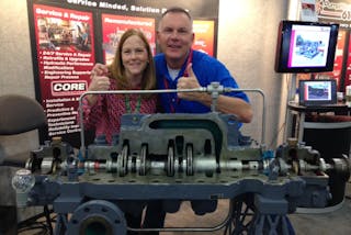 Editor Lori Ditoro and Best Pump Works&rsquo; Andy Martin during the 2015 Pump &amp; Turbomachinery Symposia at the Best Pump Works/PumpWorks 610 booth