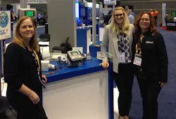 Blue-White’s Shawn Yourd, center, with Editor Lori Ditoro, left, and Account Executive Lisa Williman, right, at WEFTEC 2015, during which many chemical and filtration treatment technologies were on display.