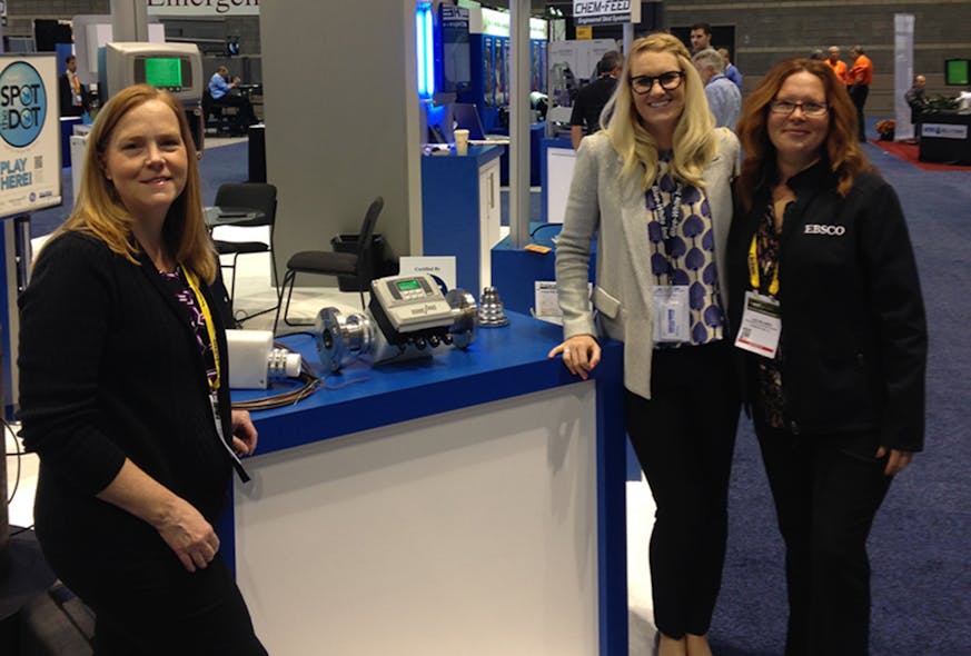 Blue-White&rsquo;s Shawn Yourd, center, with Editor Lori Ditoro, left, and Account Executive Lisa Williman, right, at WEFTEC 2015, during which many chemical and filtration treatment technologies were on display.