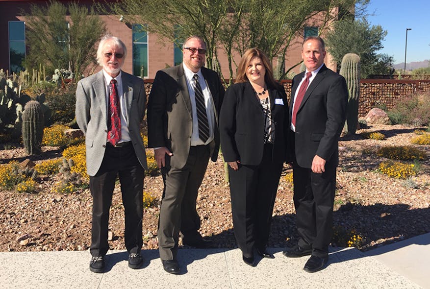 Photo courtesy of Dow Water &amp; Process Solutions. Pictured from left to right: Ian Pepper, Ph.D., University of Arizona; Shane A. Snyder, Ph.D., University of Arizona; Tracy Young, Dow Water &amp; Process Solutions; Jeff Prevatt, Ph.D., Pima County Regional Wastewater Reclamation