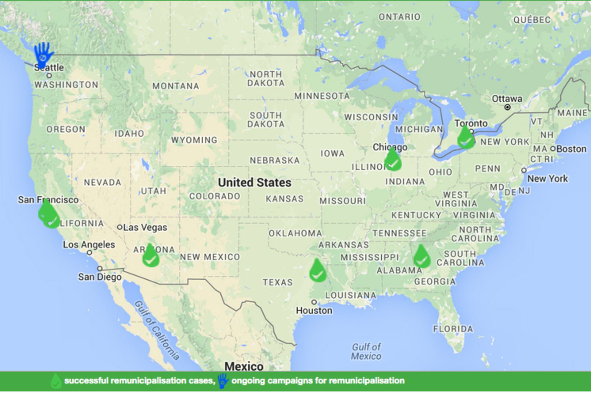 This map from remunicipalisation.org shows recent water utility remunicipalisation.