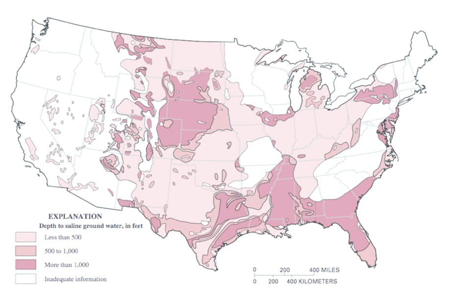Figure 1. Depth to saline groundwater in the United States (generalized from Feth and others, 1965). Image courtesy of USGS