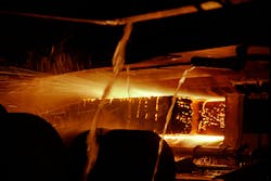 End of continuous casting process for steel showing the solid steel being cooled by water | Image courtesy of Greenshoots Communications/Alamy End of continuous casting process for steel showing the solid steel being cooled by water | Image courtesy of Greenshoots Communications/Alamy