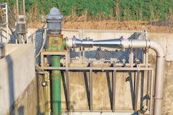 When stormwater overwhelms the cascade aeration basin at this Ohio wastewater treatment plant, the silver Venturi injector draws air into a sidestream to aerate the high flows through a manifold. The system has boosted DO levels from 3.5 mg/L to hit regulatory targets of 5.6 mg/L even when storm flows exceeded peak-flow design capacity by 20 percent. When stormwater overwhelms the cascade aeration basin at this Ohio wastewater treatment plant, the silver Venturi injector draws air into a sidestream to aerate the high flows through a manifold. The system has boosted DO levels from 3.5 mg/L to hit regulatory targets of 5.6 mg/L even when storm flows exceeded peak-flow design capacity by 20 percent.