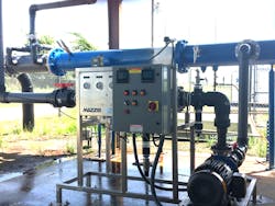 With a 30-square-foot skid, a Texas power utility retrofitted a pipeline with a 42-inch-long Pipeline Flash Reactor (PFR) to oxygenate wastewater without breaking pressure in the line. Treated, aerated wastewater is discharged or land applied 2 to 3 miles away. With a 30-square-foot skid, a Texas power utility retrofitted a pipeline with a 42-inch-long Pipeline Flash Reactor (PFR) to oxygenate wastewater without breaking pressure in the line. Treated, aerated wastewater is discharged or land applied 2 to 3 miles away.