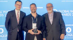 Eric Hoek accepts 2017 Global Water Award from Christopher Gasson of GWI and keynote speaker Nassim Nicholas Taleb. Courtesy of Water Planet