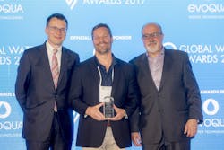 Eric Hoek accepts 2017 Global Water Award from Christopher Gasson of GWI and keynote speaker Nassim Nicholas Taleb. Courtesy of Water Planet