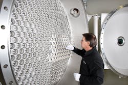 The interior of an ozone generation reactor with individual ozone generation tubes and segments used to produce ozone (O3) from gaseous oxygen (O2). All graphics courtesy of SUEZ The interior of an ozone generation reactor with individual ozone generation tubes and segments used to produce ozone (O3) from gaseous oxygen (O2). All graphics courtesy of SUEZ