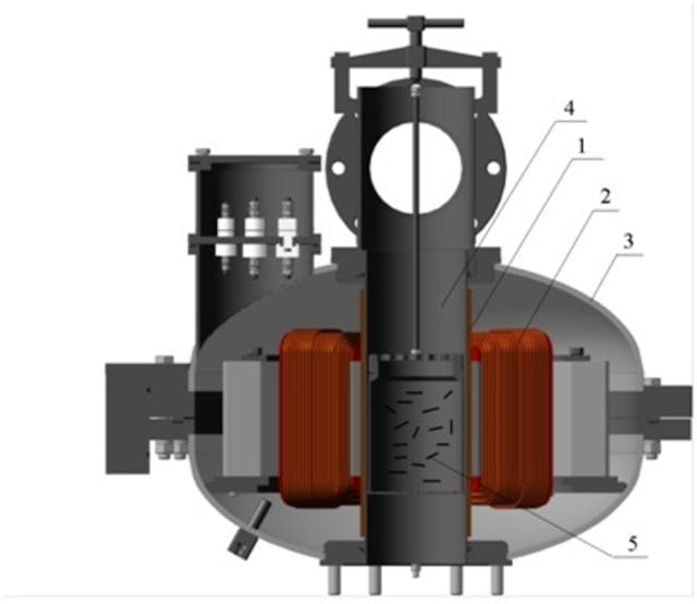 Figure 1. A vortex layer unit: 1 &ndash; protective collar; 2 &ndash; rotating field induction coil; 3 &ndash; induction coil case; 4 &ndash; nonmagnetic chamber; 5 &ndash; ferromagnetic particles. Graphic courtesy of GlobeCore