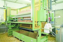 Figure 1. A typical chamber filter press fed by an Almatec high-pressure AODD pump. All graphics courtesy of Almatec Figure 1. A typical chamber filter press fed by an Almatec high-pressure AODD pump. All graphics courtesy of Almatec