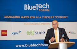 Nijhuis chief executive Menno Holterman tells delegates about the company’s resource efficient wastewater projects in industry, agricultural and utility applications. Courtesy of BlueTech Nijhuis chief executive Menno Holterman tells delegates about the company’s resource efficient wastewater projects in industry, agricultural and utility applications. Courtesy of BlueTech