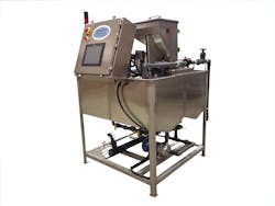 A corrugated manufacturer’s system included a high-volume flow-through mix unit, large capacity feed hopper, bag housing for solids removal, self-indexing dewatering table, and final polishing vessels. A corrugated manufacturer’s system included a high-volume flow-through mix unit, large capacity feed hopper, bag housing for solids removal, self-indexing dewatering table, and final polishing vessels.