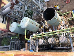 The work area available for the water treatment installation was filled with pipes, equipment, and concrete footing, requiring a solution with a small footprint. The work area available for the water treatment installation was filled with pipes, equipment, and concrete footing, requiring a solution with a small footprint.