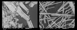 Treated (left) and untreated (right) CaSO4 crystals at X300 magnification.