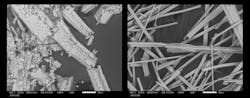 Treated (left) and untreated (right) CaSO4 crystals at X300 magnification. Treated (left) and untreated (right) CaSO4 crystals at X300 magnification.