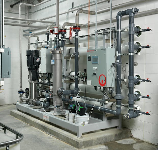 To manage efficiency needs and varying growth demands, Grundfos supplied two SMART Digital Dosing pumps and a CRN vertical multistage centrifugal pump for a 100 gpm RO packaged system.