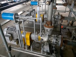 Figure 1. An example of a pump installation in a treatment plant. Many different pumps are needed in treatment plants and their selection, details, and installation have always been critical in the overall operation, reliability and performance of the plant. Figure 1. An example of a pump installation in a treatment plant. Many different pumps are needed in treatment plants and their selection, details, and installation have always been critical in the overall operation, reliability and performance of the plant.