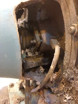 Pump with perished AESSEAL gland packing. Pump with perished AESSEAL gland packing.