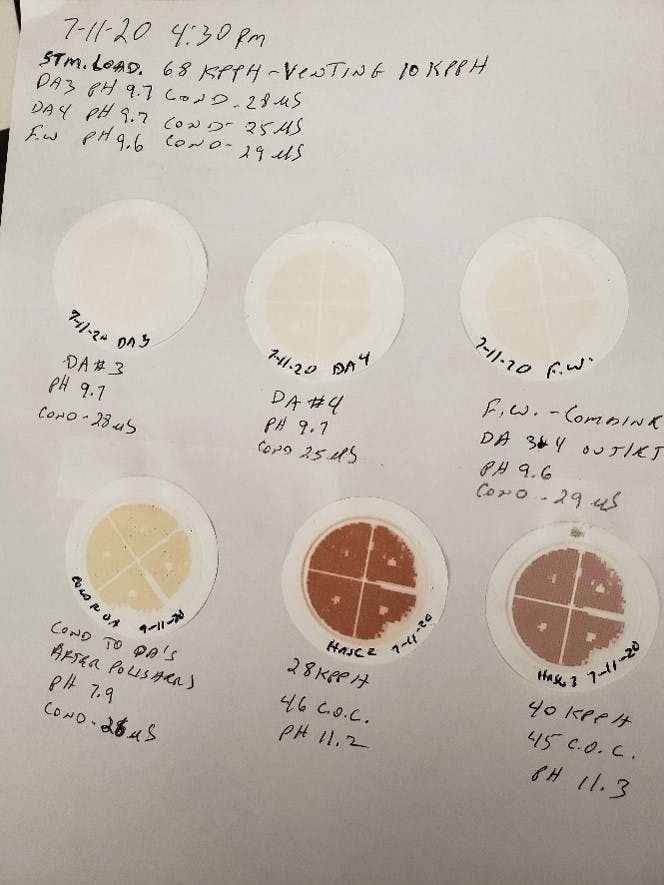 A photo of actual Millipore sample pads from a startup at the UIC West Co-Gen plant. It is not uncommon to see dark colored pads during startup as the transient conditions dislodge particulates in the system. . A good boiler water treatment program will keep these particles in suspension until they can be blown down.