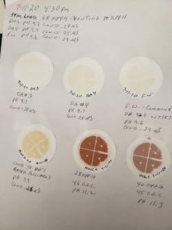 A photo of actual Millipore sample pads from a startup at the UIC West Co-Gen plant. It is not uncommon to see dark colored pads during startup as the transient conditions dislodge particulates in the system. . A good boiler water treatment program will keep these particles in suspension until they can be blown down. A photo of actual Millipore sample pads from a startup at the UIC West Co-Gen plant. It is not uncommon to see dark colored pads during startup as the transient conditions dislodge particulates in the system. . A good boiler water treatment program will keep these particles in suspension until they can be blown down.