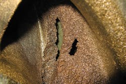 Cavitation is a common cause of reduction in pump performance. In this instance it was severe enough to cause holes in the impellers. Cavitation is a common cause of reduction in pump performance. In this instance it was severe enough to cause holes in the impellers.