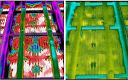 Figure 7. Thermal images of the WSAC&circledR; tube bundles and sprays before and after cleaning, and after the program change. The program change kept the bundles in clean condition after cleaning.