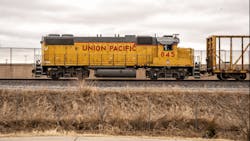 Pictured is a Union Pacific locomotive 845 running on a track near downtown Oklahoma City. Union Pacific, is a freight-hauling railroad that operates 8,300 locomotives over 32,200 miles of routes in 23 U.S. states west of Chicago and New Orleans. Union Pacific is the second largest railroad in the United States