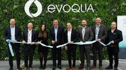 Evoqua team cutting the ribbon at the grand opening event (L-R): Steffen Lange, VP and General Manager of Evoqua&apos;s Disinfection Division, Phil Walsh, Plant Manager, Kelly Van Marle, Senior Quality Control Technician, Ron Keating, Chief Executive Officer, Herv&eacute; Fages, Executive Vice President and Applied Product Technologies Segment President, Sean Zyra, Sr. Director of Manufacturing Engineering and Quality, Frans Conradie, Operations Director, and Dave Robinson, Warehouse Supervisor.