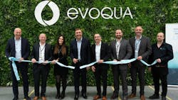 Evoqua team cutting the ribbon at the grand opening event (L-R): Steffen Lange, VP and General Manager of Evoqua's Disinfection Division, Phil Walsh, Plant Manager, Kelly Van Marle, Senior Quality Control Technician, Ron Keating, Chief Executive Officer, Hervé Fages, Executive Vice President and Applied Product Technologies Segment President, Sean Zyra, Sr. Director of Manufacturing Engineering and Quality, Frans Conradie, Operations Director, and Dave Robinson, Warehouse Supervisor. Evoqua team cutting the ribbon at the grand opening event (L-R): Steffen Lange, VP and General Manager of Evoqua's Disinfection Division, Phil Walsh, Plant Manager, Kelly Van Marle, Senior Quality Control Technician, Ron Keating, Chief Executive Officer, Hervé Fages, Executive Vice President and Applied Product Technologies Segment President, Sean Zyra, Sr. Director of Manufacturing Engineering and Quality, Frans Conradie, Operations Director, and Dave Robinson, Warehouse Supervisor.