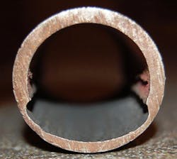 Figure 3: Carbonic acid grooving of a condensate return line. The normal water line is clearly evident. Figure 3: Carbonic acid grooving of a condensate return line. The normal water line is clearly evident.