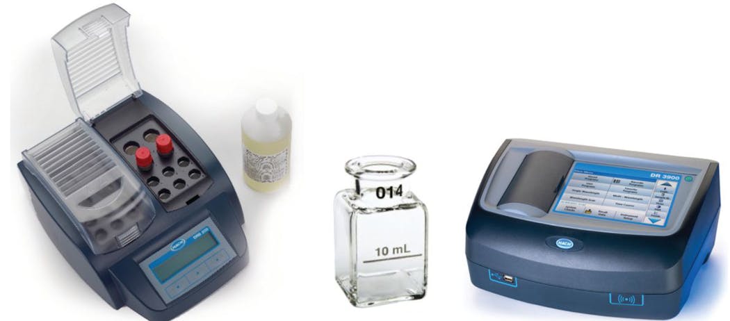 Combination reagent, digestion vials and heater block (left); 1-inch sample cell (center) and spectrophotometer (right).