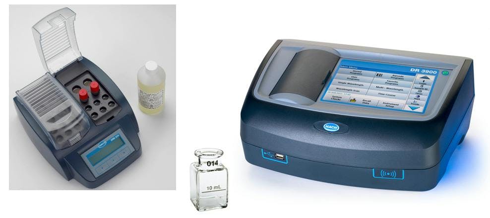 Figure 2: Combination reagent, digestion vials and heater block (left); 1-inch sample cell (center) and spectrophotometer (right).