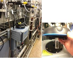 Figure 3: Laser nephelometer mounted on a water panel/view of the sample cell. Figure 3: Laser nephelometer mounted on a water panel/view of the sample cell.