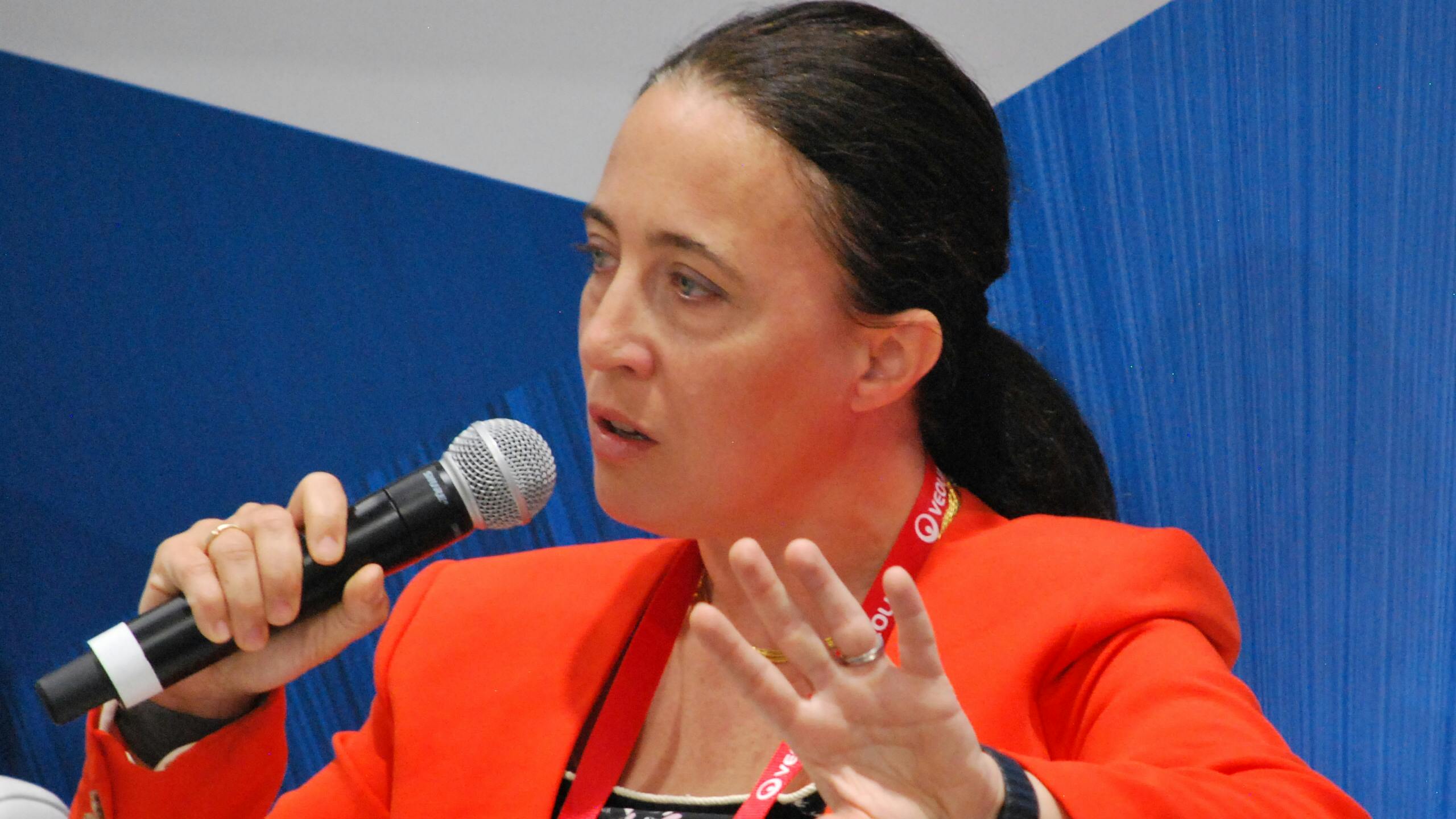 Karine Roug&eacute; of Veolia North America speaks during a presentation addressing workforce development challenges in the water sector at WEFTEC 2024 in New Orleans.