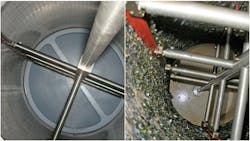 Scraper strainers allow the solids to accumulate at the bottom of the vessel, where the blowdown valve will open periodically to clear them out. Scraper strainers allow the solids to accumulate at the bottom of the vessel, where the blowdown valve will open periodically to clear them out.