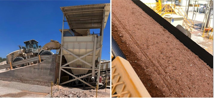 Offloaded crushed mineral material is fed by front-end loader into two streams — plant 1 handles approximately 1,100-plus tons of dry material daily, while plant 2 can process 900-plus tons per day.