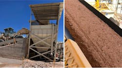 Offloaded crushed mineral material is fed by front-end loader into two streams — plant 1 handles approximately 1,100-plus tons of dry material daily, while plant 2 can process 900-plus tons per day. Offloaded crushed mineral material is fed by front-end loader into two streams — plant 1 handles approximately 1,100-plus tons of dry material daily, while plant 2 can process 900-plus tons per day.