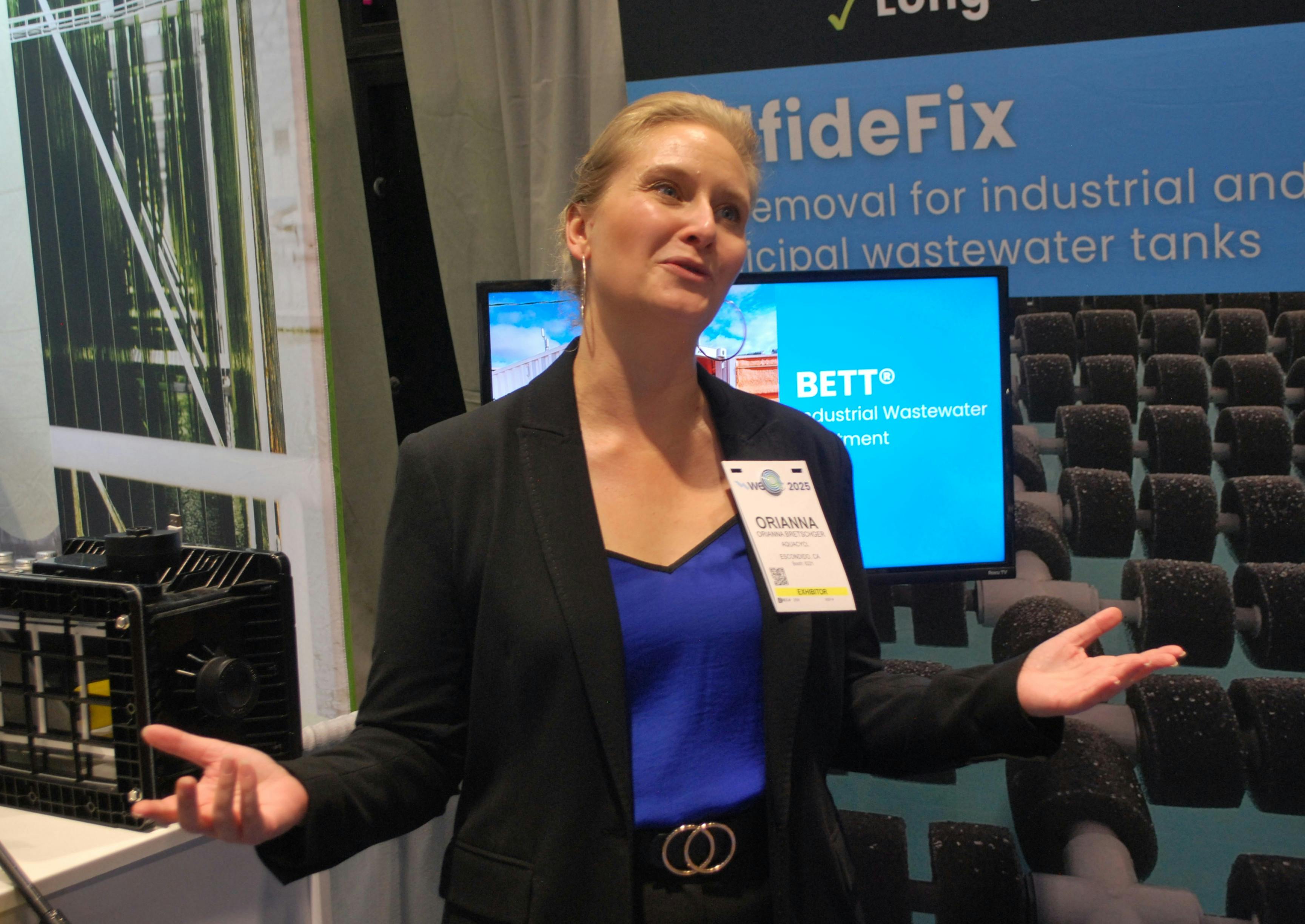 Aquacycl founder and CEO Orianna Bretschger at her company's booth on Monday at WEFTEC 2025 in Chicago.