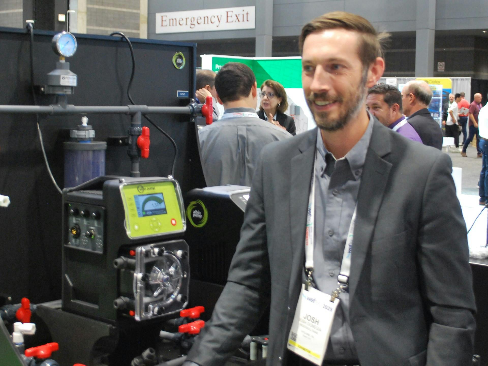 Josh Donegia dicussing the RT Series Peristaltic Pump from Albin Pump at WEFTEC 2025.