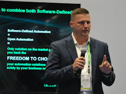 Schneider Electric's Jacob Thompson speaks during a presentation at WEFTEC 2025 in Chicago.