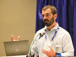 Jeff Steinwinder, senior project engineer with Waggoner Engineering, speaks during an educational session at WEFTEC 2025.