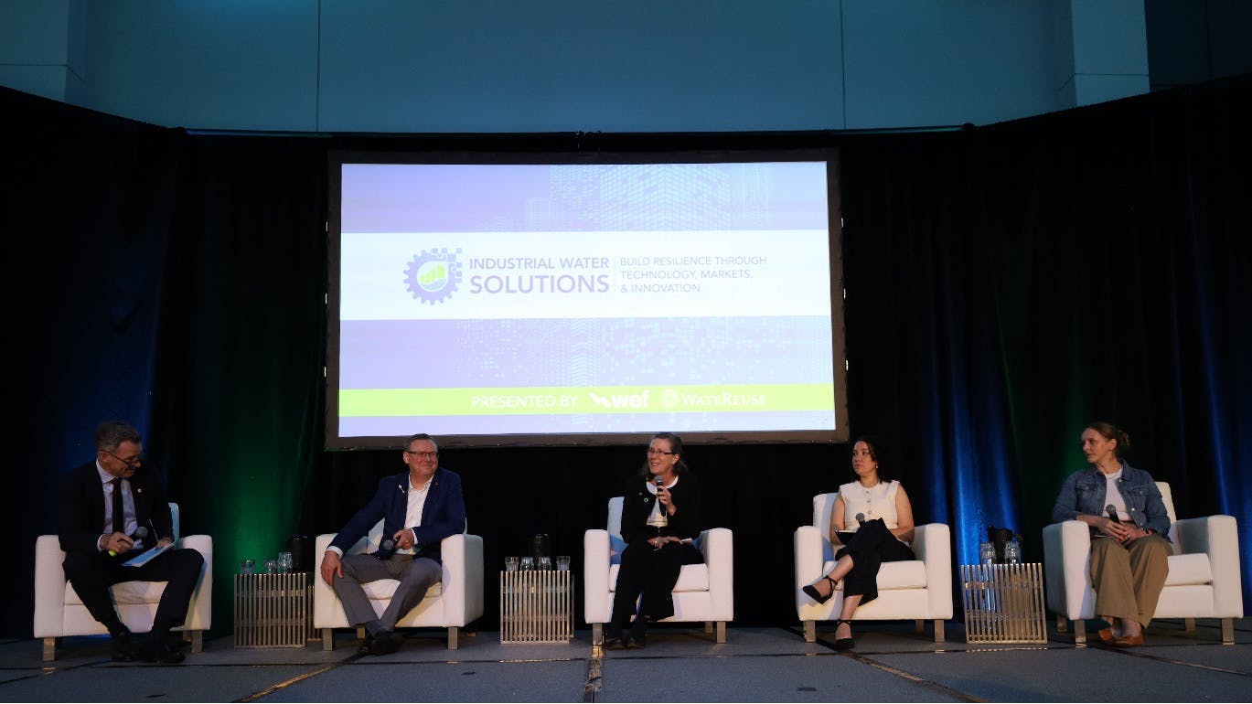 Panelists at Industrial Water Solutions 2025 discuss policy developments, regulatory challenges, and strategies for reliable and cost-effective water solutions. From left to right: Thomas Iseman (Veolia), Steve Dye (Water Environment Federation), Sharon Waller (Metropolitan Water Reclamation District of Greater Chicago), Dianna Rodriguez (Amazon Web Services), and Erica Spitzig (Taft, Stettinius, & Hollister LLP).
